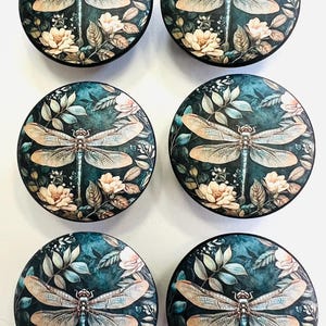 May include: Six decorative cabinet knobs with a dragonfly design. Each knob features a teal background with a dragonfly, flowers, and foliage. The dragonfly has tan wings and a teal body. The knobs are round and have a black edge.