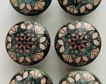 Handcrafted 1-1/2" Decorative Round Wood Mandala Knobs