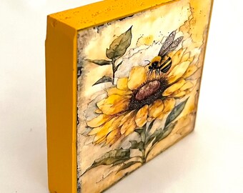 Handmade Bee and Sunflower Tiered Tray Wood Art Block