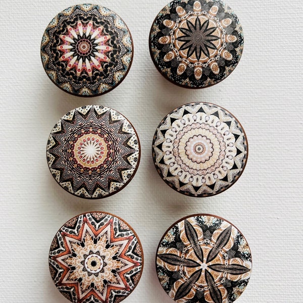 Handcrafted Mandala/BoHo/Kaleidoscope Decorative 1-1/2" Round Wood Knobs