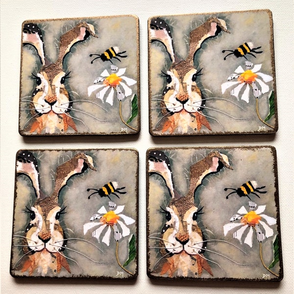 Handmade Set of Four (4) Ea. Solid Wood RABBIT Style Coasters