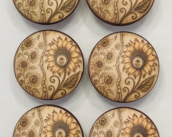 Handcrafted 1-1/2" Sunflower Button Decorative Round Wood Knobs w/Screws