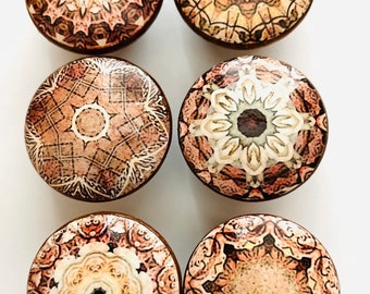Handcrafted 1-1/2" Mandala/Boho Decorative Round Wood Knobs