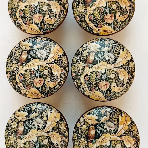 Handcrafted Willam Morris Owl 1-1/2" Decorative Round Wood Knobs