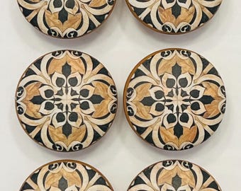 Handcrafted 1-1/2" Geometric Tan & Black Decorative Round Wood Knobs w/Screws