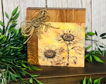 Handcrafted Hanging Wood Sunflower Block