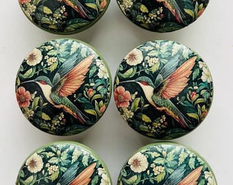 Handmade William Morris Hummingbird Decorative 1-1/2" Round Wood Knobs