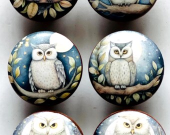Handcrafted Owl Wood Knobs, Decorative Decoupage Drawer Pulls
