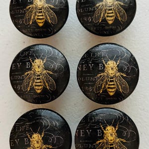 May include: Six black round cabinet knobs with a vintage bee design. Each knob features a gold-colored bee illustration with the text "HONEY BEE" and "VOLUME 1967". The knobs are likely made of glass or resin.