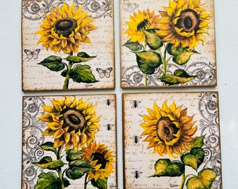 Handmade Set of Four (4)  Ea. Solid Wood Sunflower Coasters
