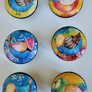 May include: Six round wooden knobs with painted images of birds. Each knob features a different bird with a colorful design and a blue background.