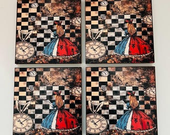 Handmade Set of Four (4)  Ea. Solid Wood Alice in Wonderland Coasters