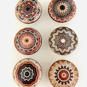 Handcrafted BOHO Mandala Decorative Round 1-1/2&quot; Wood Knobs