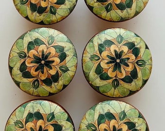 Handcrafted 1-1/2" Geometric (2) Copper Like Decorative Round Wood Knobs w/Screws
