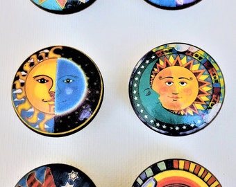 Handmade CELESTIAL SUN & MOON Solid Wood 1-1/2" Round Cabinet/Drawer/Chest Knobs