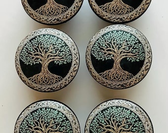 Handcrafted 1-1/2" Tree of Life (3) Decorative Round Wood Knobs w/Screws