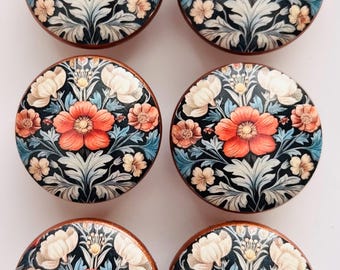 Handcrafted 1-1/2" Floral 2 Decorative Round Wood Knobs w/Screws