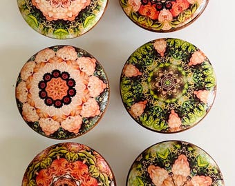 Handcrafted 1-1/2" Mandala/Boho Decorative Round Wood Knobs w/Screws
