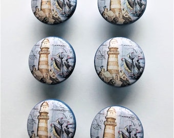 Handcrafted 1-1/2" Round Wood Lighthouse/Nautical Themed Decorative Knobs