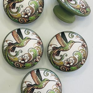 May include: Decorative cabinet knobs with a hummingbird design. The knobs are round with a white background and feature a green and brown hummingbird with floral accents. One knob is oval-shaped with a green base.