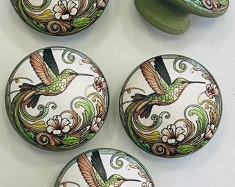 Handmade Hummingbird (2) Decorative 1-1/2" Round Wood Knobs