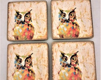 4x Stunning Owl in Tree Picture Table Coasters Set in Gift Box AB-87C 4x Stunning Owl in Tree Picture Table Coasters Set in Gift Box AB-87C
