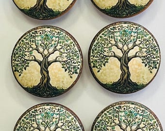 Handcrafted 1-1/2" Tree of Life-2 Decorative Round Wood Knobs w/Screws
