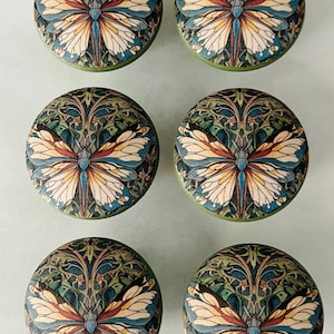 May include: Six round decorative cabinet knobs with a butterfly design. The knobs feature a butterfly with cream, blue, and brown wings, set against a green and dark teal background. The knobs have a green border.