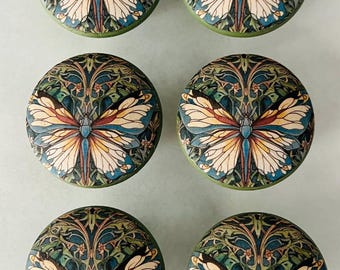 Handcrafted Willam Morris Butterfly 1-1/2" Decorative Round Wood Knobs