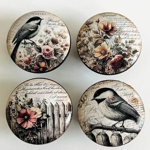 May include: Four round decorative cabinet knobs with vintage-style bird and floral designs. Each knob features a different illustration, including a bird perched on a branch, flowers, and script. The knobs have a black border and a distressed, aged appearance.