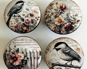 Handcrafted 1-1/2" Birds On A Fence Decorative Round Wood Knobs w/Screws