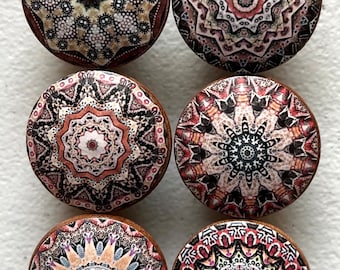 Handcrafted BOHO Mandala Decorative Round 1-1/2" Wood Knobs