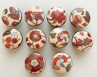 Handcrafted 1-1/2" Floral Decorative Round Wood Knobs w/Screws