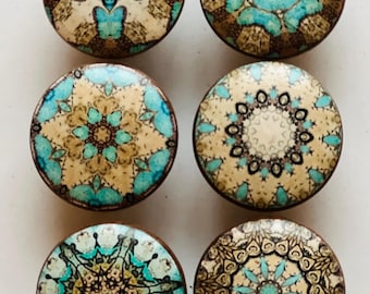 Handcrafted 1-1/2" Mandala/Boho Decorative Round Wood Knobs