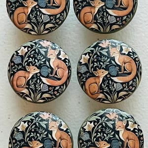 May include: A set of six circular cabinet knobs featuring a repeating illustration of two orange foxes sitting among stylized white and blue flowers and green foliage on a black background. Each knob has a smooth, rounded surface and a uniform design.