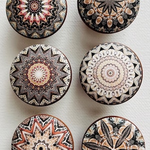Handcrafted Mandala/BoHo/Kaleidoscope Decorative 1-1/2&quot; Round Wood Knobs