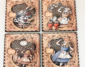 Handmade Set of Four (4)  Ea. Solid Wood Alice in Wonderland Coasters