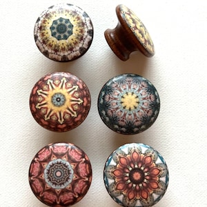 Handcrafted BOHO MANDALA KALEIDOSCOPE Decorative 1-1/2" Round Wood Knobs