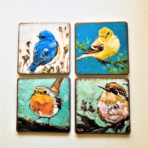 Handmade Set of Four (4)  Ea. Solid Wood Bird Coasters