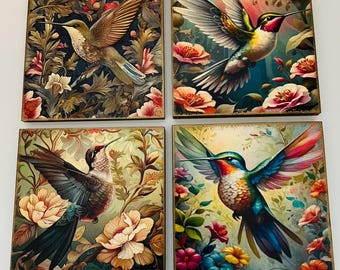 Handmade Set of Four (4)  Ea. Solid Wood William Morris Hummingbird Coasters