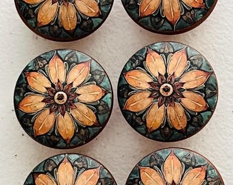 Handcrafted 1-1/2" Geometric (3) Copper Like Decorative Round Wood Knobs w/Screws
