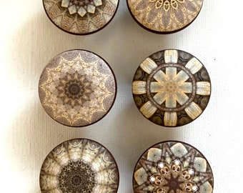 Handcrafted BOHO MANDALA KALEIDOSCOPE Decorative 1-1/2" Round Wood Knobs