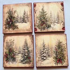 May include: Set of four square Christmas coasters. Each coaster features a vintage winter scene with snow-covered pine trees and red accents. The coasters have a dark red border.