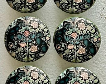 Handcrafted Willam Morris Black Cat 1-1/2" Decorative Round Wood  Knobs
