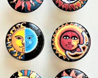 Handcrafed FUNKY CELESTIAL Decorative 1-1/2" Round Wood Knobs