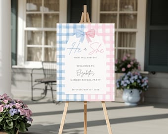 Gingham Bow Gender Reveal Welcome Sign Template | Editable Canva Template (Digital Download)