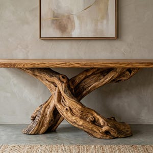 Op de afbeelding: Een console van natuurlijk hout met een blad met een levende rand en een onderstel van verweven boomtakken. De tafel heeft een warme bruine kleur en staat tegen een neutraal getinte muur. De tafel is ongeveer 183 cm lang.