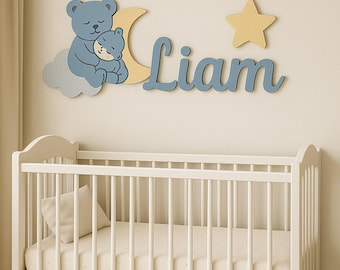 Above Crib Name Sign, Personalized Wooden Name Sign Nursery Decor, Baby Name Sign with Teddy Bear and Moon, Newborn Gift