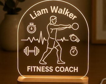 Fitness Coach Custom Night Light Personalized Gift with LED Base and Laser Engraved Acrylic Plate