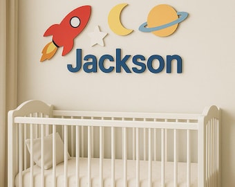 Personalized Rocket Nursery Name Sign, Above Crib Wall Art, 3D Wooden Baby Name Sign, Space Theme Nursery Decor, Custom Boy Name Sign